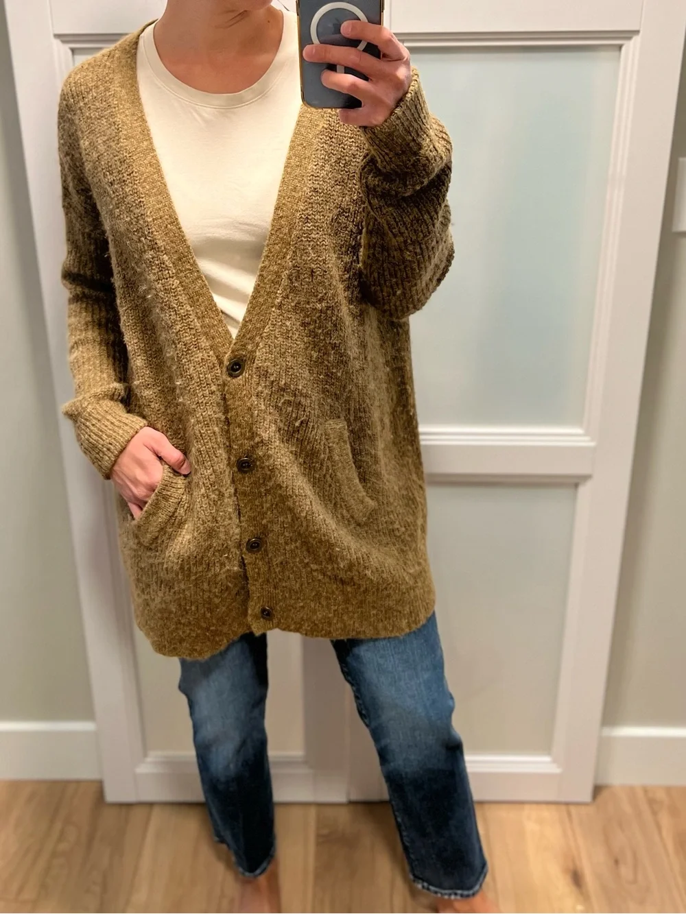 Free People Longline Button Cardigan in Warm Brown